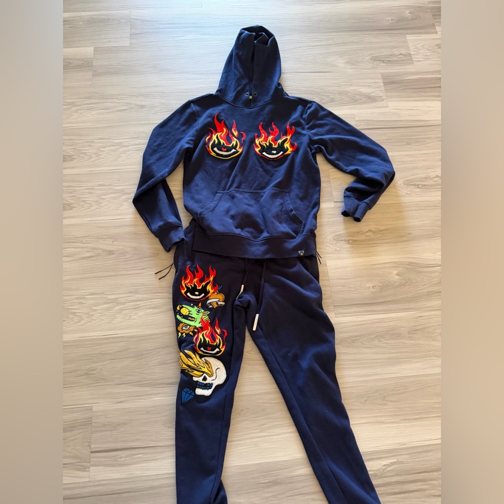 Men's Blue Flame Graphic Hoodie and Joggers Set